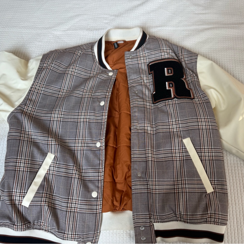 H&M Plaid Varsity Jacket with Cream Sleeves